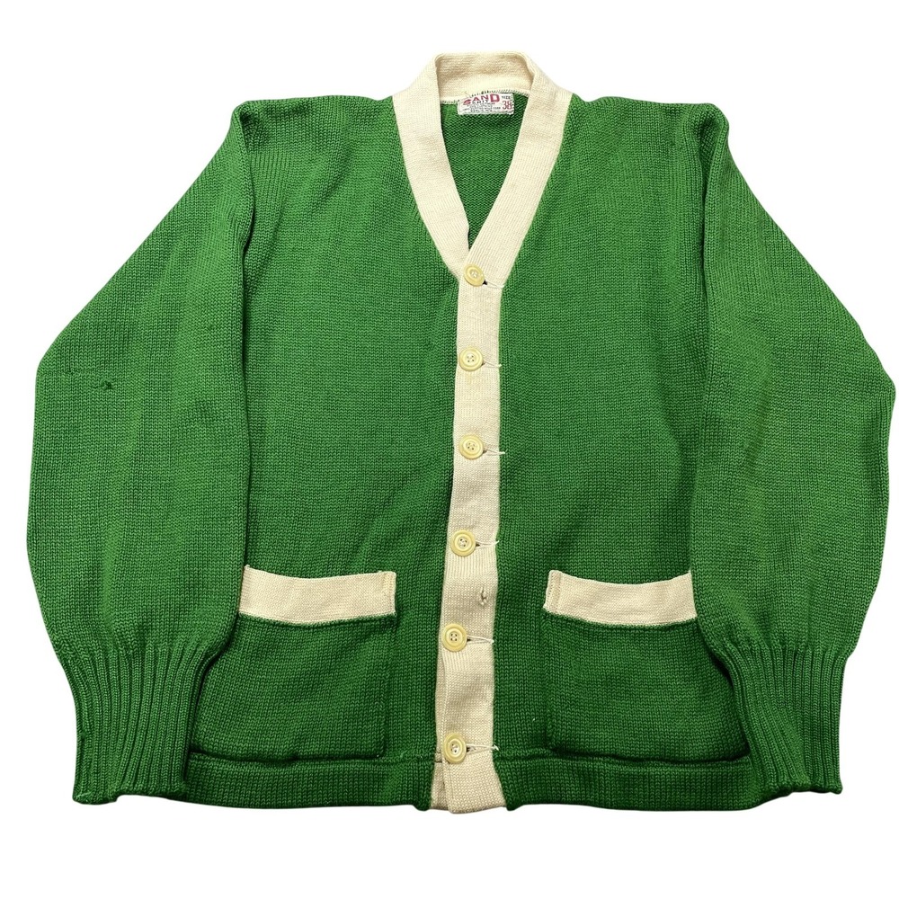 Vintage Sand Knit Sweater Mens Size 38 Green Button Cardigan V Neck Pockets